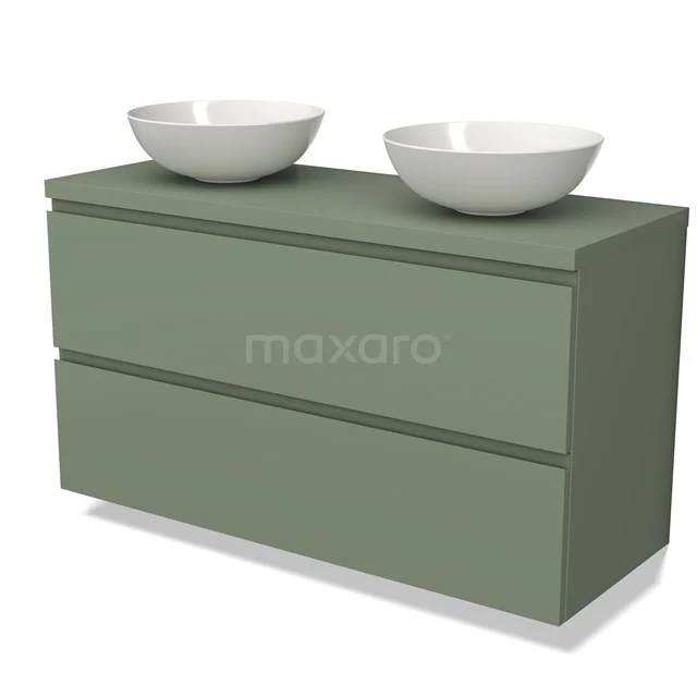 Green bathroom unit with two white countertop wash basins, modern design and smooth finish for stylish bathroom decor.