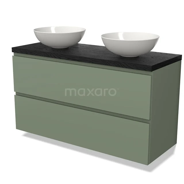 Groene badkamermeubel met zwarte blad en twee witte komvormige wastafels, modern design, geschikt voor stijlvolle badkamers.