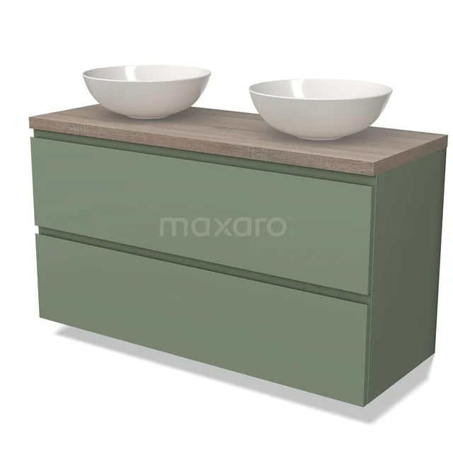 Groen badkamermeubel met 2 witte opzetwastafels, houtlook blad, moderne vormgeving en ruime lades voor badkameraccessoires.