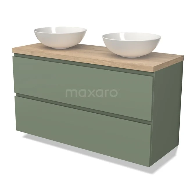 Groen badkamermeubel met houtlook blad, dubbele wastafel en strak design, ideaal voor moderne badkamers.