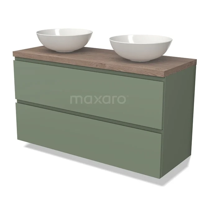 Modulo Plato Vanity units for countertop basin | 120 cm Sage green Handle-less front Mid brown oak worktop 2 Stacked drawers BMK17-02240