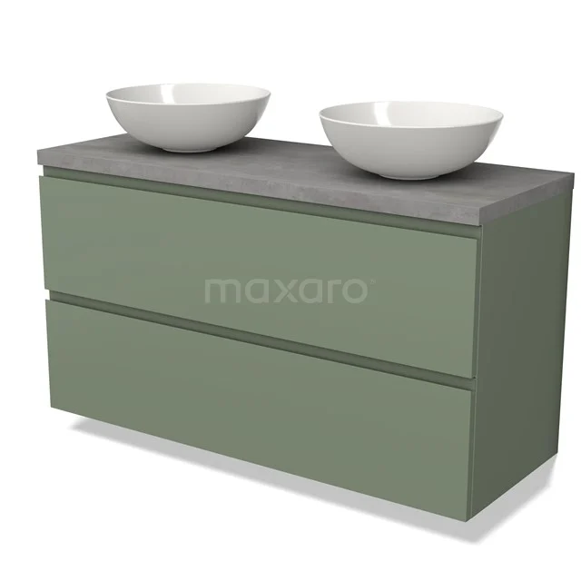 Groene badkamermeubel met betonlook blad, dubbele witte waskommen, modern design en strakke lades.