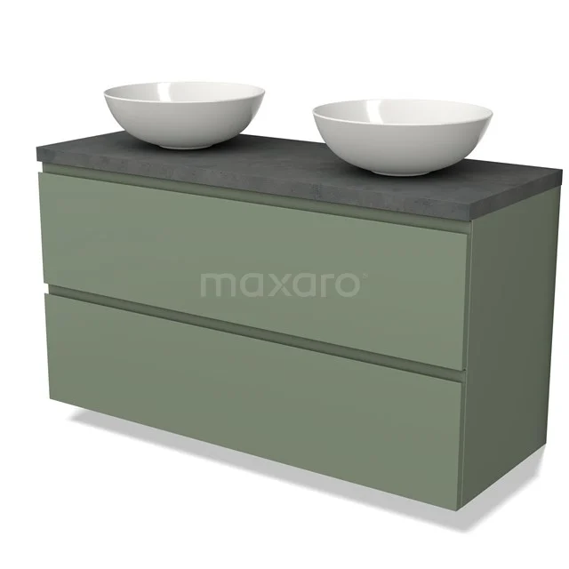 Groene badkamermeubel met twee witte waskommen, betonlook blad en strak design, ideaal voor een moderne badkamer.