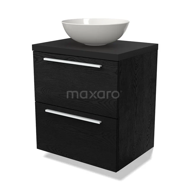 Zwarte houten badkamermeubel met twee lades en witte keramische waskom, modern design voor stijlvolle badkamerinrichting.