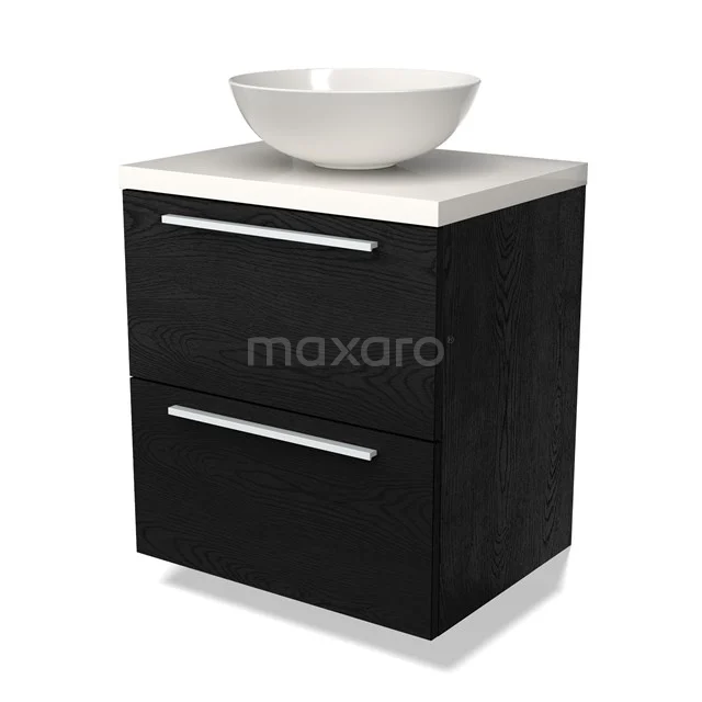 Zwart badkamermeubel met witte keramische kom, twee lades en strakke chromen handgrepen, ideaal voor moderne badkamers.