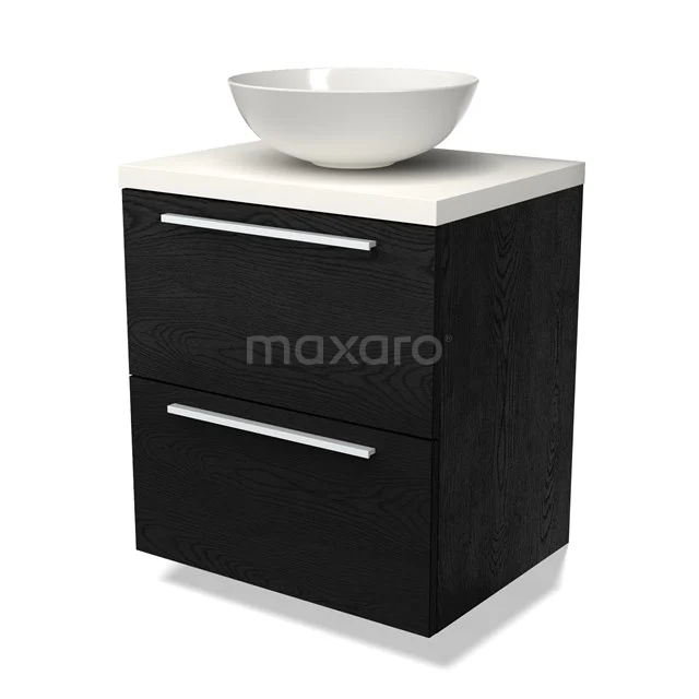 Schwarze Badmöbelset mit Waschbecken, Holzlook-Oberfläche, zwei Schubladen und chromfarbenen Haltegriffen.