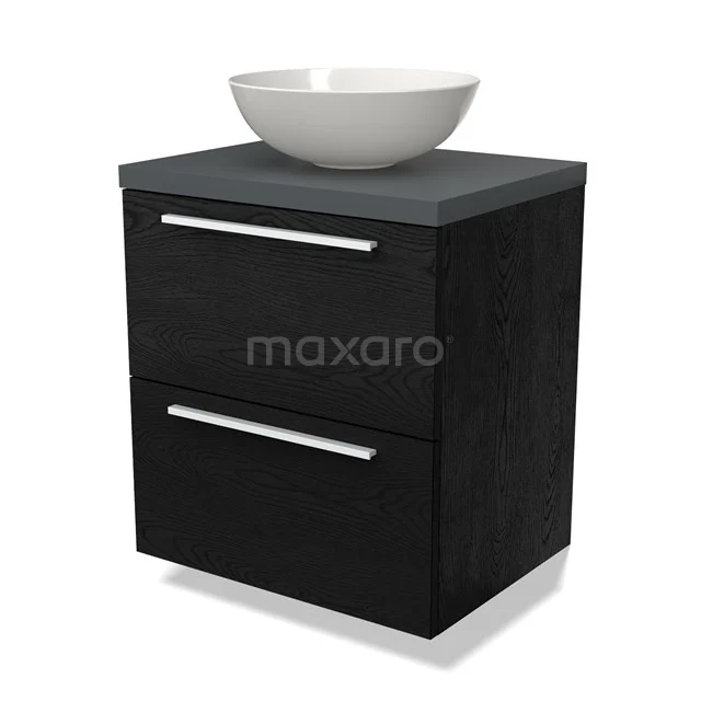 Black bathroom furniture set with two drawers, ceramic white basin and matte wood finish; modern and compact design.