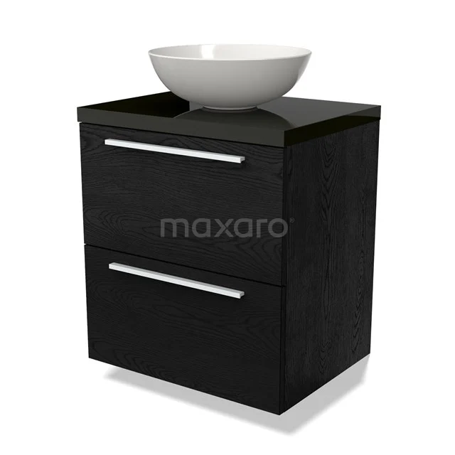 Black bathroom unit with slim handles, including white bowl-shaped basin; ideal for a stylish modern bathroom.