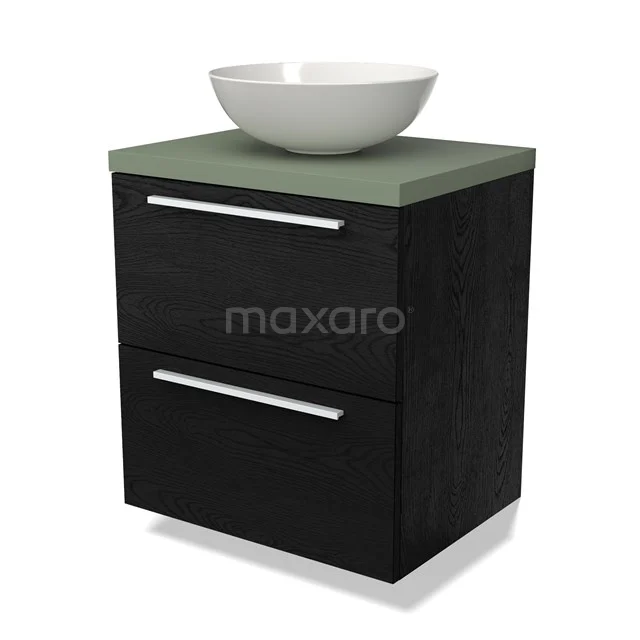 Black bathroom unit with two drawers, green basin worktop and round white surface-mounted bowl, modern design.