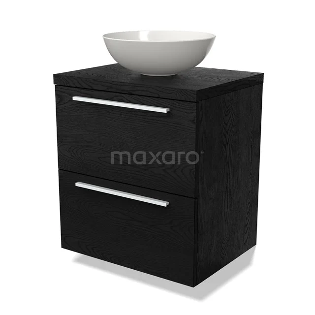 Zwart houten badkamermeubel met twee lades en een wit keramische waskom, strak design voor moderne badkamers.
