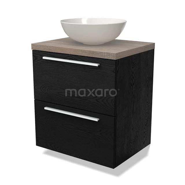 Black wooden Bathroom unit with two drawers, a light wooden worktop and a round white vanity units for countertop wash basin, ideal for modern bathrooms.