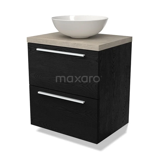 Zwart badkamermeubel met houtlook blad, twee lades en ronde witte wastafel; modern design, ideaal voor compacte badkamers.