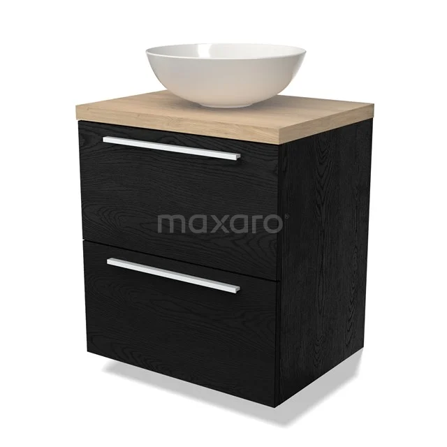 Zwart houten badkamermeubel met eiken blad en ronde wastafel, moderne uitstraling en 2 lades voor extra opbergruimte.
