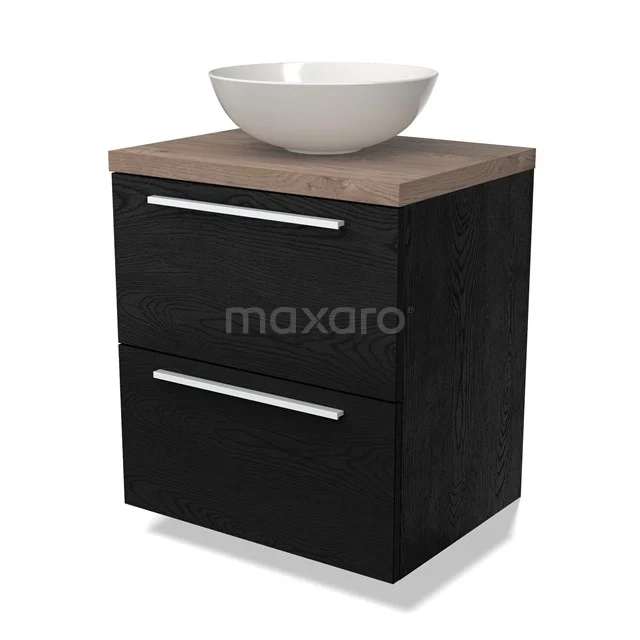 Zwarte badkamermeubel met twee lades, houtlook bovenblad en witte wastafelkom; modern design voor stijlvolle badkamers.