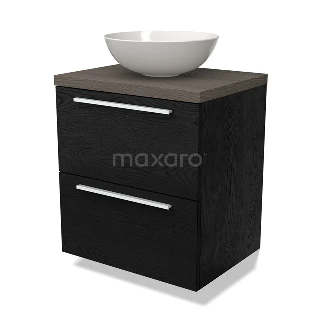 Zwarte houten badkamermeubel met 2 lades en een witte keramische waskom, modern design voor stijlvolle badkamers.