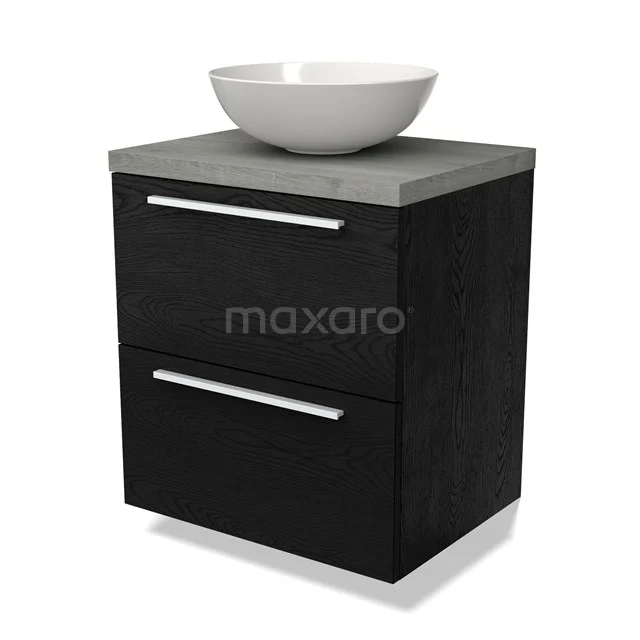 Black bathroom unit with concrete-look worktop, integrated countertop wash basin and two drawers with metal handles, modern and stylish design.