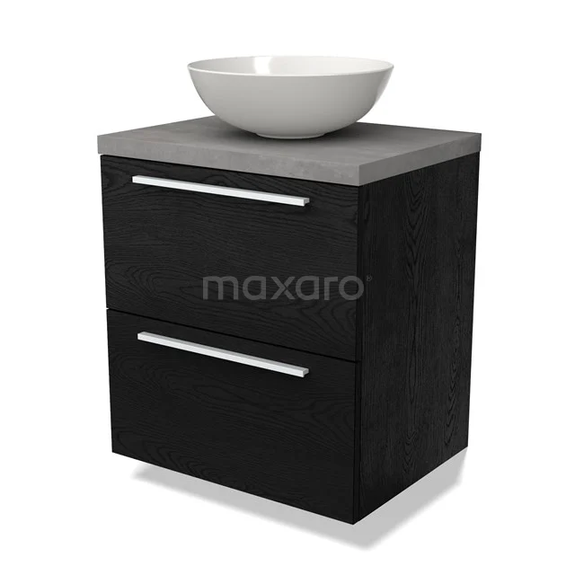 Modulo Plato Badmöbel mit Aufsatzwaschbecken | 60 cm Schwarze Eiche Flach front Hellgrauer Beton blatt 2 übereinanderliegende Schubladen BMK17-02260 Schwarz Badmöbel mit mattem Grau Platte, zwei Schubladen und einem runden weißen Aufsatzwaschbecken, modernes Design aus nachhaltigem Material.