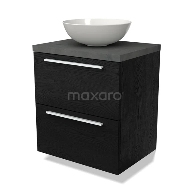 Black bathroom furniture set with countertop wash basin, modern design, wood structure, suitable for small bathrooms, including two drawers.