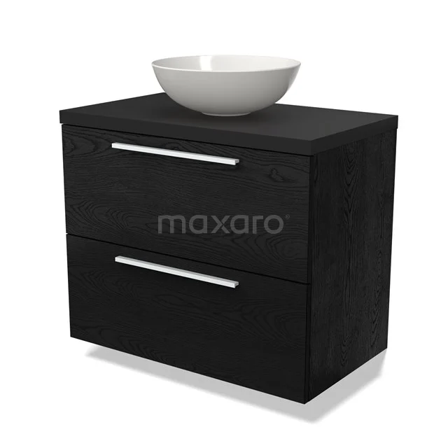 Zwarte houten badkamermeubel met witte waskom, modern design met twee lades en metalen handgrepen.