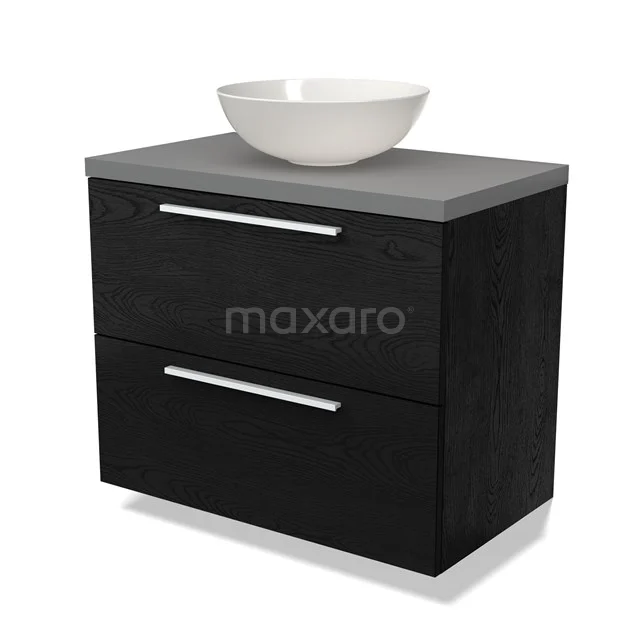 Schwarzes Holz Badezimmermöbel mit zwei Schubladen, grauer Platte und weißem schalenförmigen Waschbecken, modernes und elegantes Design.