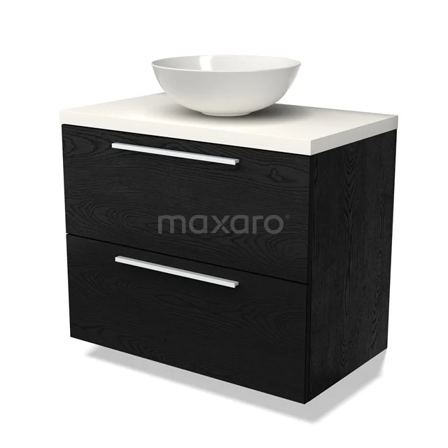 Schwarze Badmöbelset mit keramischem Aufsatzwaschbecken, weißer Platte und minimalistischem Design. Modern und platzsparend.