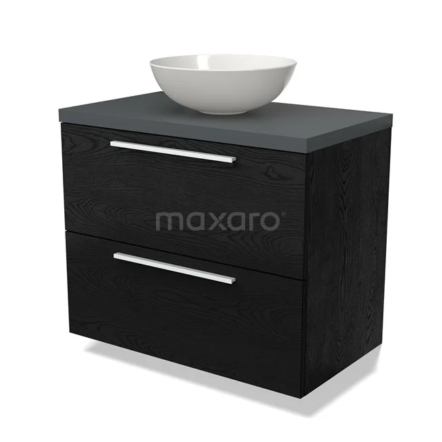 Schwarze Badmöbelset mit keramischer schalenförmiger Waschbecken, modernem Design und zwei Schubladen für optimalen Stauraum.