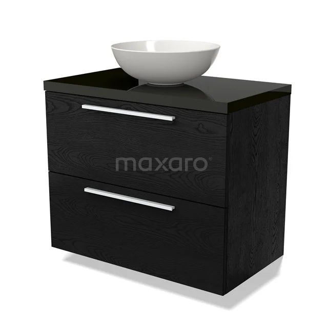 Zwart houten badkamermeubel met twee lades en een witte keramische waskom, modern design.