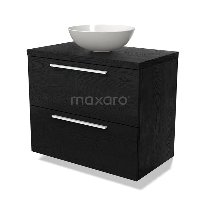 Waschtischunterschrank mit Konsole BMK17-02270 Schwarzes Badmöbel mit Schubladen und Aufsatzwaschbecken in Weiß, modernes Design, ideal für stilvolle Badezimmergestaltung.