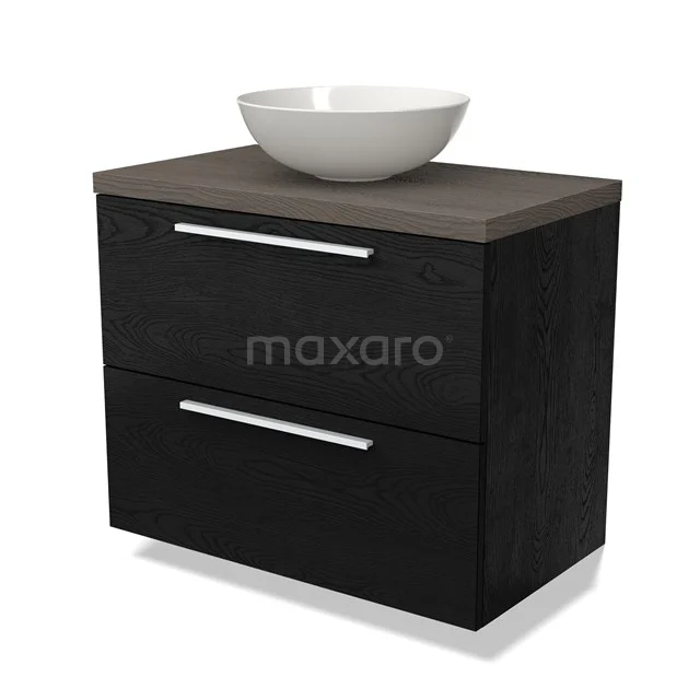Black wooden bathroom unit with two drawers and a white ceramic countertop wash basin on top, stylish and modern design.