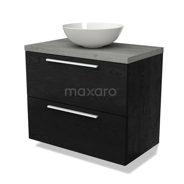 Black wooden Bathroom unit with grey basin worktop and white bowl worktop, sleek design for modern bathrooms.