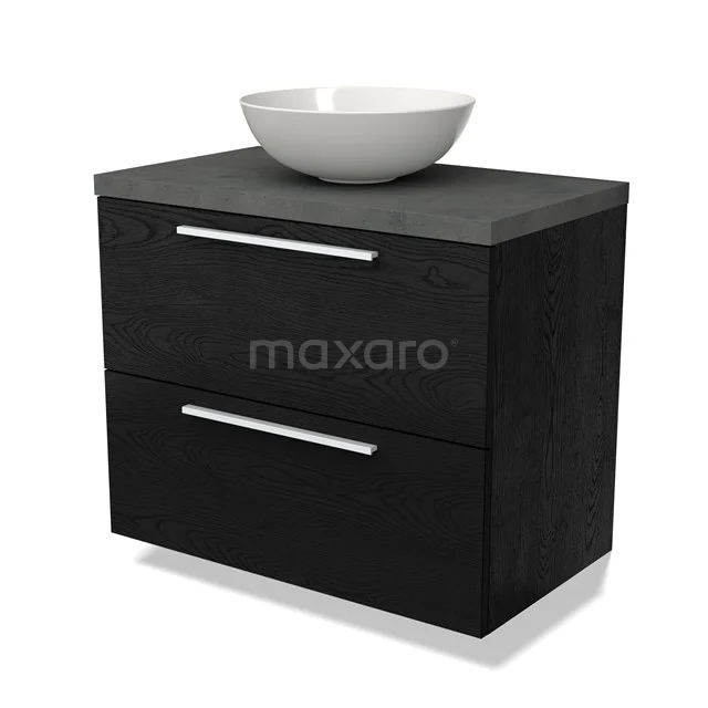 Black chrome bathroom unit with ceramic vanity units for countertop wash basin, modern design, two drawers with chrome handles, ideal for extra storage space.