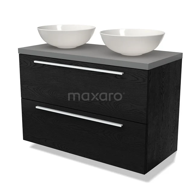 Schwarzes Holz Badezimmermöbel mit doppelter grauer Oberseite und zwei weißen Waschbecken, modernes Design mit klaren Linien.