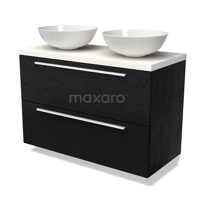 Black bathroom unit with two white vanity units for countertop wash basins, modern design, made of wood, ideal for stylish bathroom design.