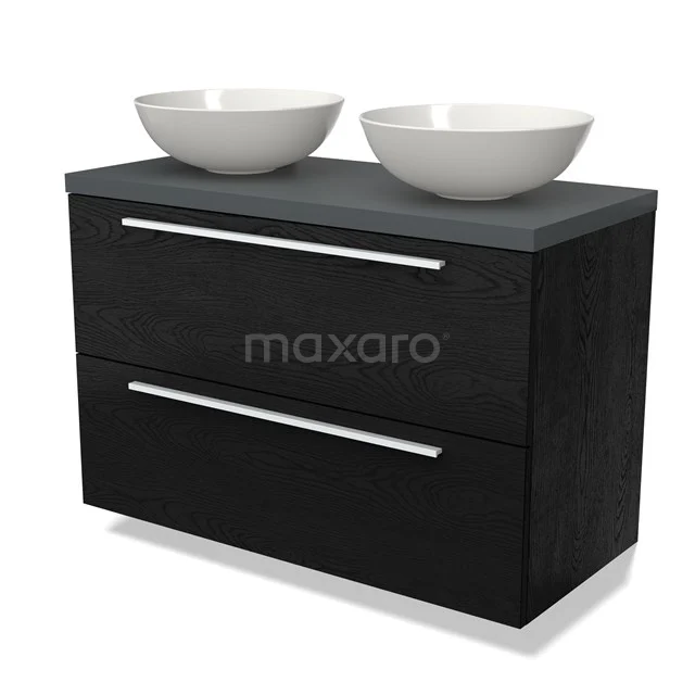 Schwarz Holz Badmöbel mit doppeltem Aufsatzwaschbecken, schlankem Design und zwei geräumigen Schubladen für stilvolle und praktische Badezimmerlagerung.