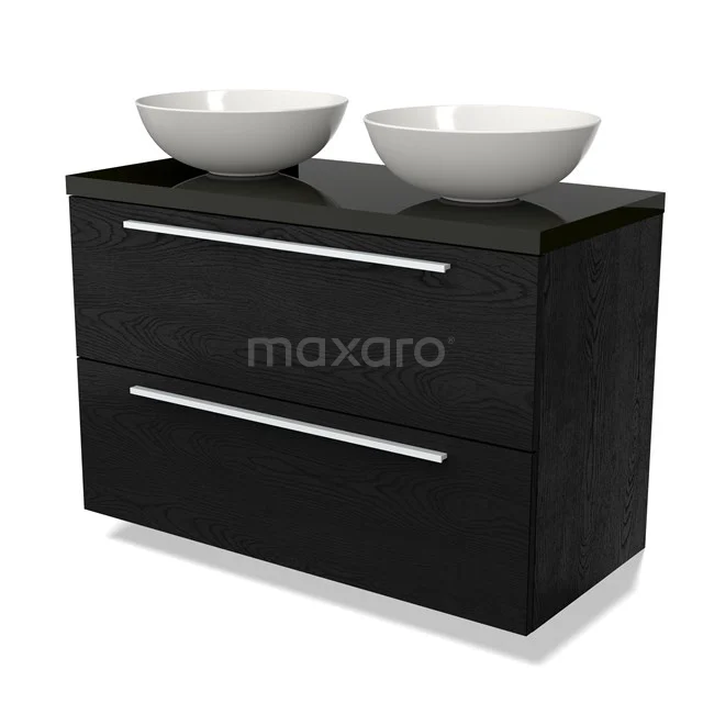 Zwarte badkamermeubelset met twee witte ronde wastafels, moderne uitstraling, stevig houtmateriaal, ideaal voor stijlvolle badkamers.