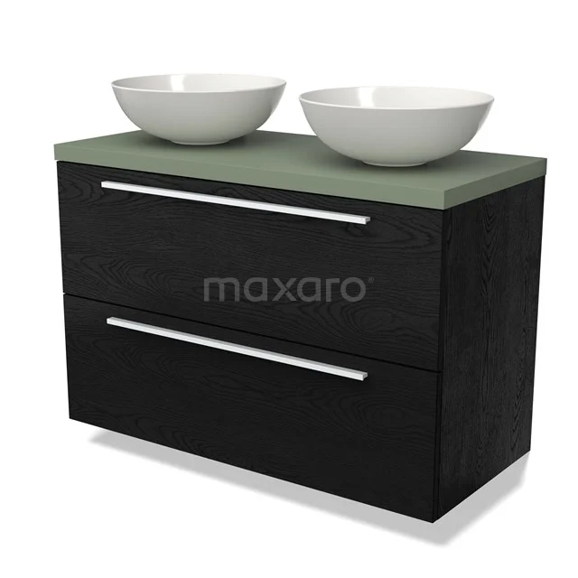 Zwarte badkamerkast met groene bovenblad en twee witte waskommen, modern design met strakke lijnen.