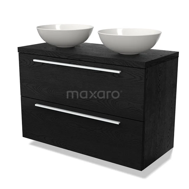 Zwarte badkamermeubelset met twee witte waskommen, strak design en houtlook, perfect voor moderne badkamers.