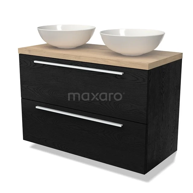 Zwarte badkamermeubelset met houten blad en twee witte waskommen, modern design voor stijlvolle badkamers.