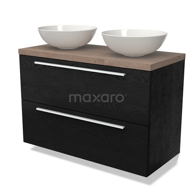 Zwarte houten badkamermeubel met twee witte waskommen en eikenhouten blad, modern design voor stijlvolle badkamers.