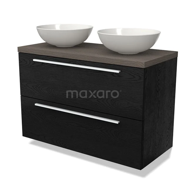 Schwarzes Holz Badezimmermöbel mit zwei weißen runden Waschbecken und einer dunkelbraunen Oberseite, elegantes Design.