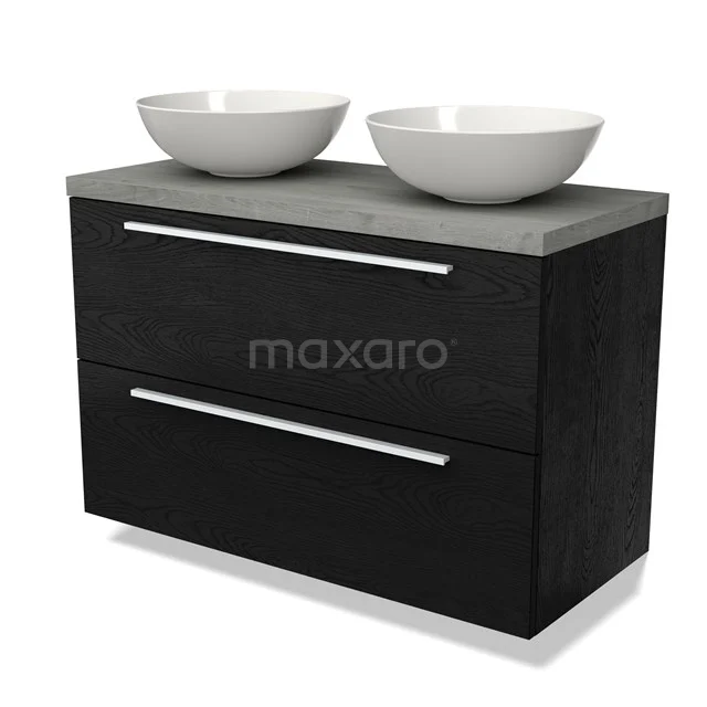 Zwart badkamermeubel met betonlook blad en dubbele witte waskommen, moderne stijl, ideaal voor een stijlvolle badkamer.