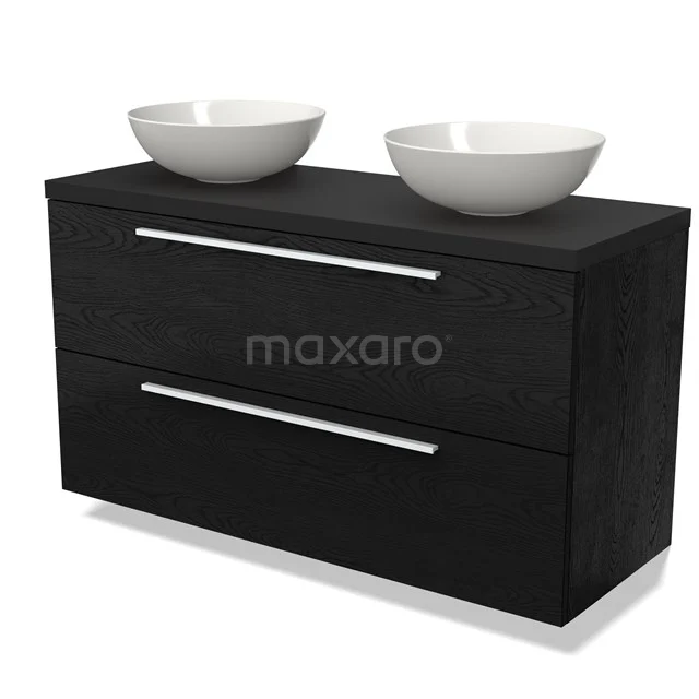 Black wooden bathroom unit with double white vanity units with basin, sleek design and spacious drawers for practical storage space.