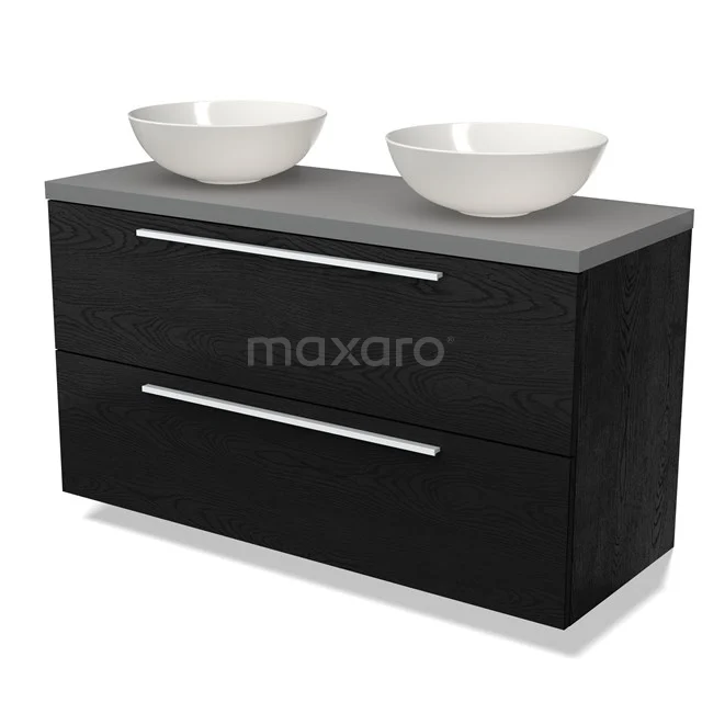 Zwarte houten badkamermeubel met dubbele witte waskommen en strak design, ideaal voor moderne badkamers.