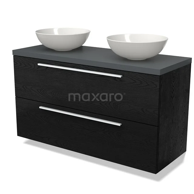 Zwarte houtlook badmeubelset met dubbele witte waskommen, strak design, ideaal voor moderne badkamers.
