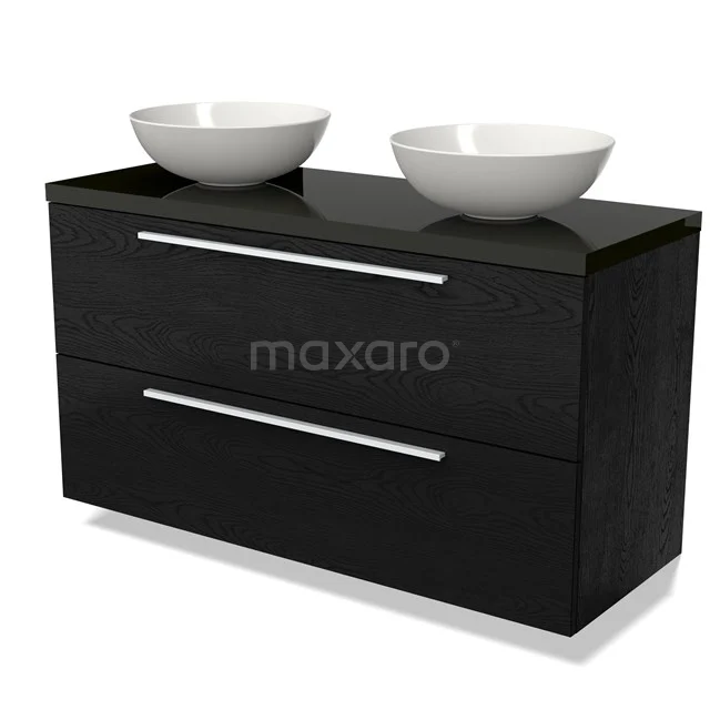 Zwarte badkamermeubelset met twee witte waskoms, strakke lades en een modern design. Perfect voor een stijlvolle badkamer.