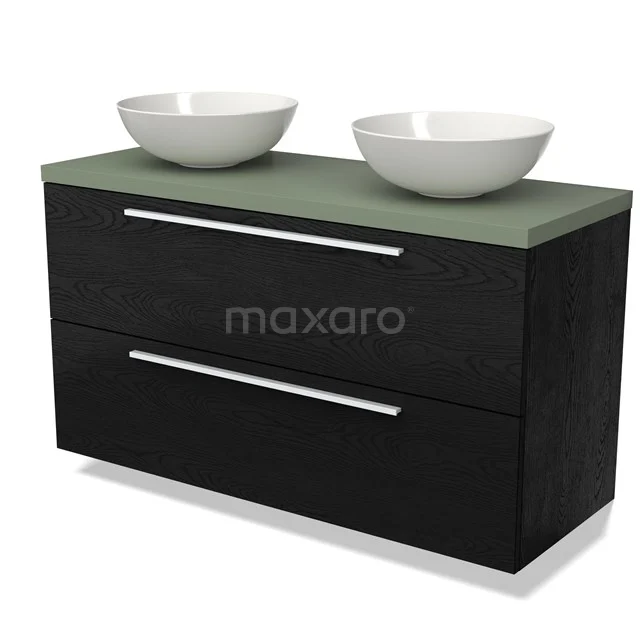 Zwarte badkamermeubelset met groene glazen wastafelblad en twee ronde witte waskommen, moderne designstijl.