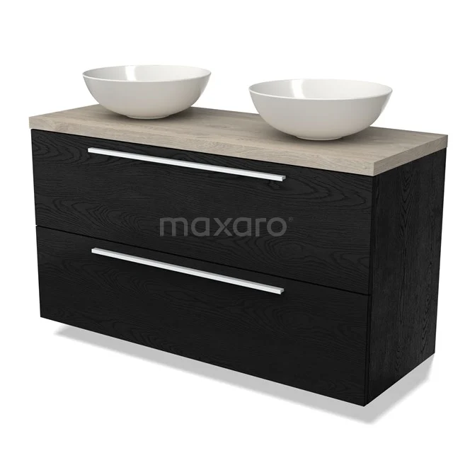 Zwarte badkamermeubelset met houten blad, dubbele witte waskommen en lades; modern ontwerp ideaal voor een stijlvolle badkamer.