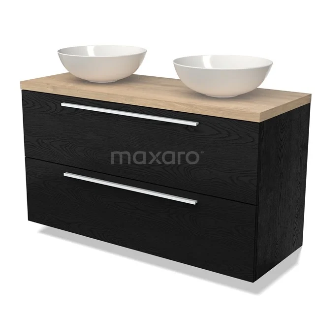 Schwarze Eiche Badmöbel mit Holzlook Platte, doppelte weiße Aufsatzwaschbecken und schlichte silberne Haltegriffe, modernes Design.