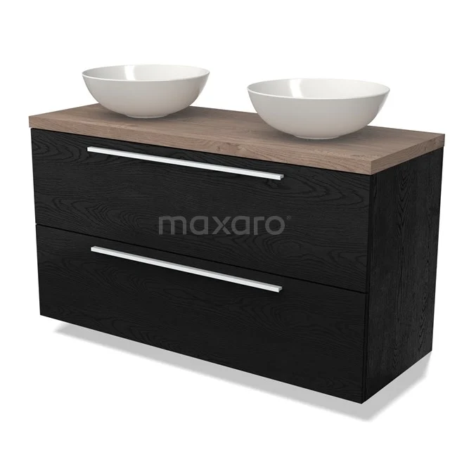 Zwarte badkamermeubelset met houten blad, dubbele wastafel en chromen handgrepen, modern design voor stijlvolle badkamers.