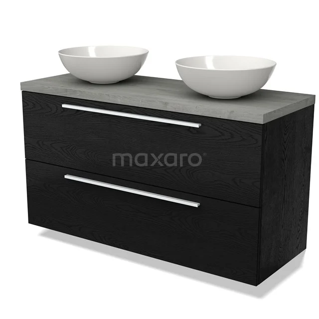 Zwart badkamermeubel met twee keramische wastafels, betonlook bovenblad, moderne lades en stijlvolle aluminium handgrepen.